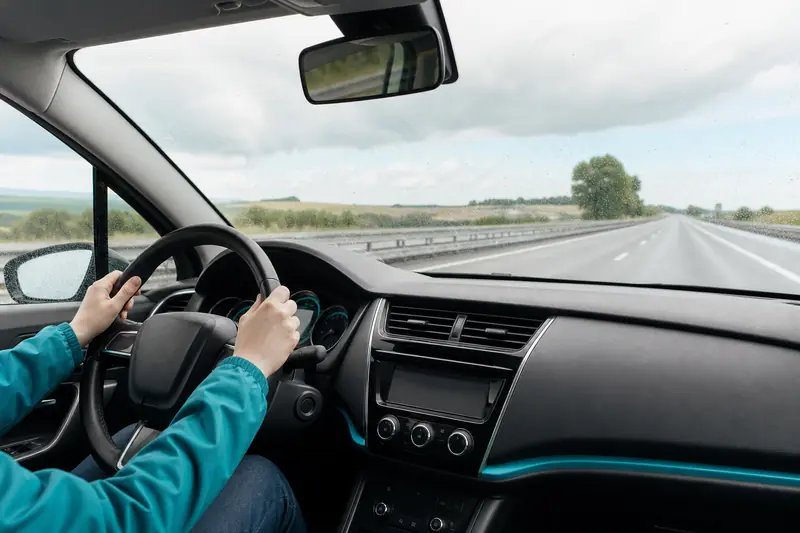Jeune conducteur au volant sur une route française à chaussées séparées