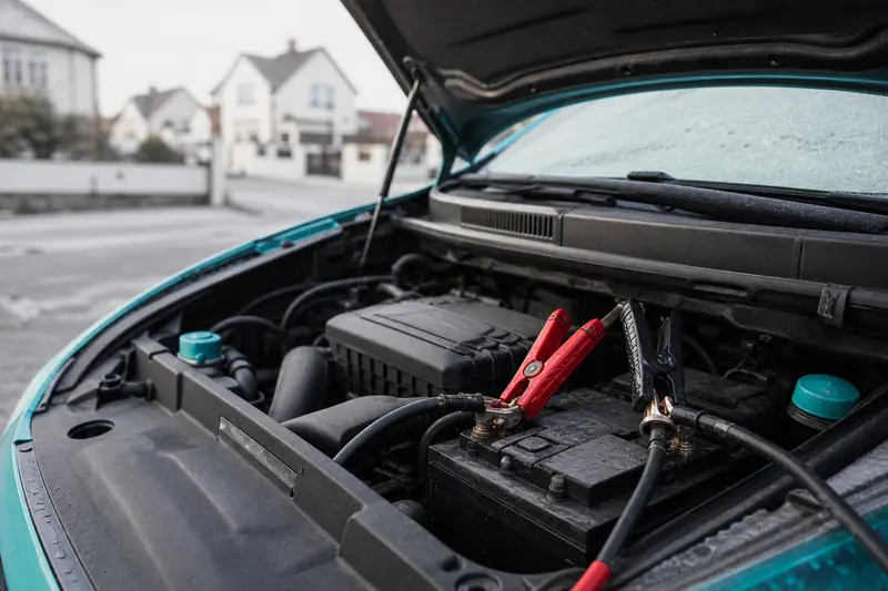 Compartiment moteur ouvert d'une voiture avec pinces de démarrage posées sur la batterie