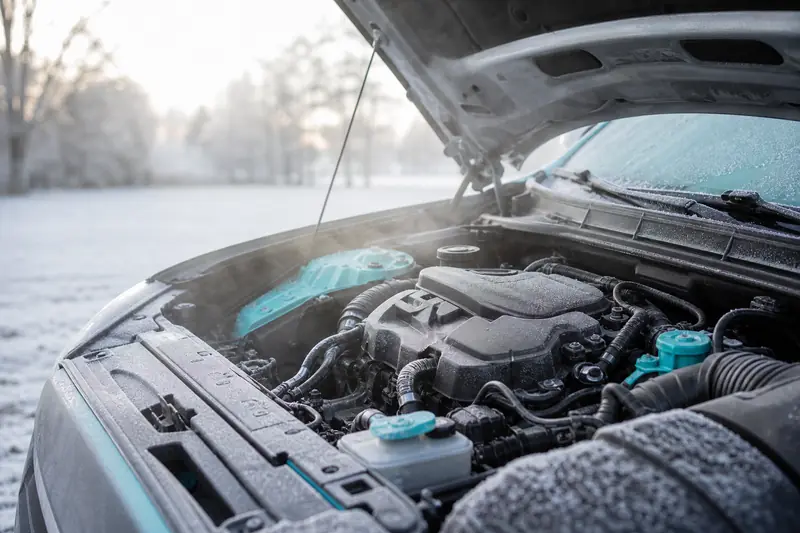 Moteur de voiture ouvert sous le capot par une matinée froide et embuée