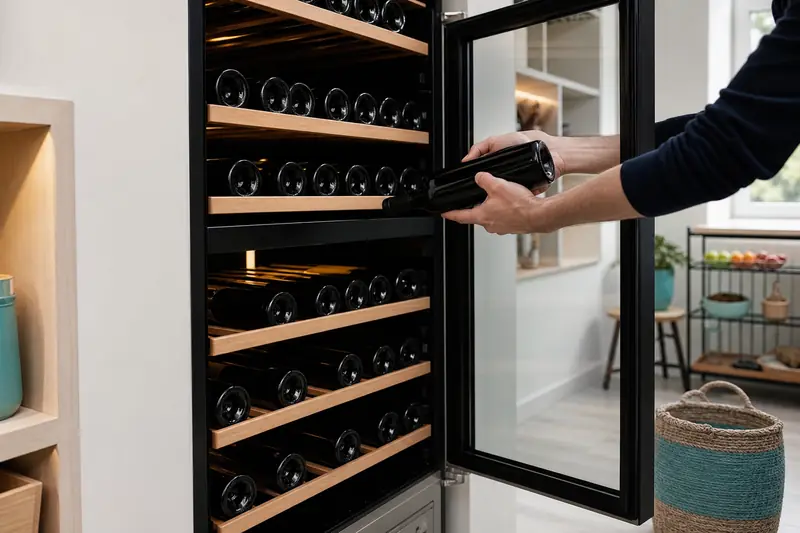 Cave à vin moderne remplie de bouteilles sur des clayettes en bois