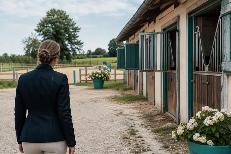 Visite d’une propriété équestre avec boxes, paddocks clôturés et carrière extérieure.