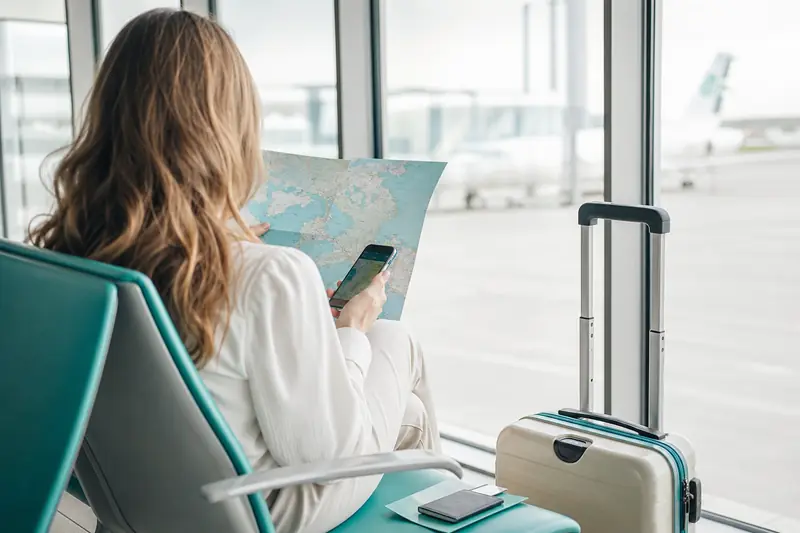 Voyageuse avec bagage cabine préparant un séjour européen à petit budget.