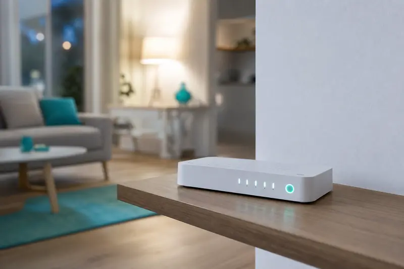 Box internet posée sur un meuble avec des voyants lumineux allumés