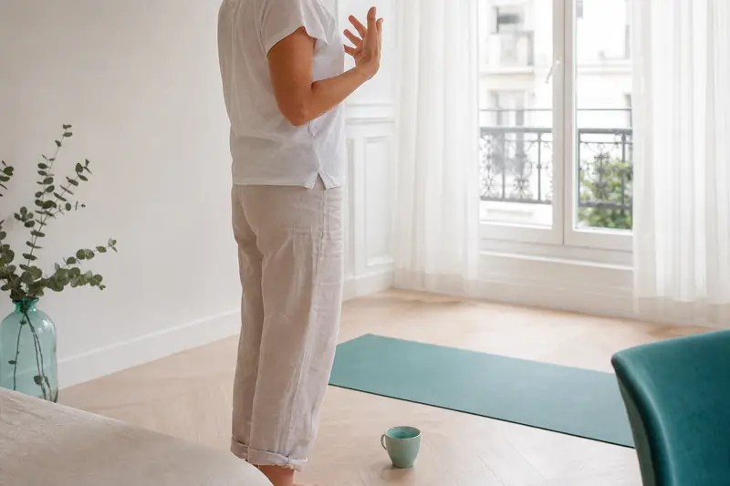 Pratique matinale de yoga du rire dans un appartement lumineux et calme.